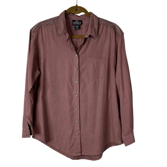 Angie Shirt Women Small Dusty Rose Pink Embroidered Checker Buttons Boho Coastal - Picture 1 of 12